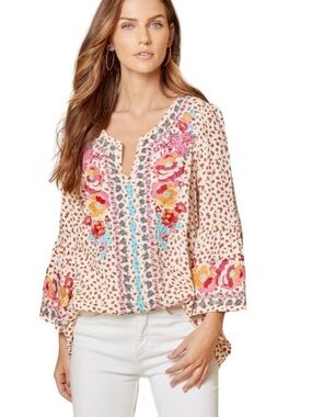 Savanna Jane Gabby Embroidered Floral Leopard Print Boho Bell Sleeves Top Large
